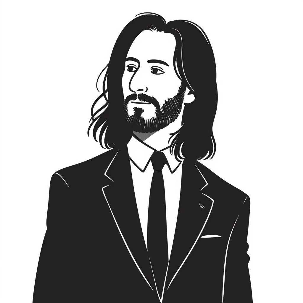 John Wick character in pencil sketch style, wearing a black suit with long dark hair and beard emoji