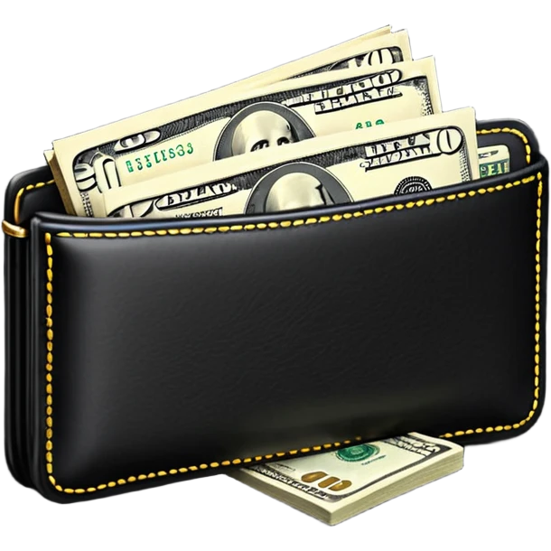 Rich emoji style black leather wallet with dollar bills, luxury money vibe, premium 3D emoji, ultra clean, high detail, no background
 emoji