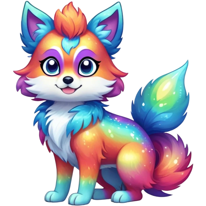Vibrant multicolored Falvie-Fionbri-creature-sparkle-canine-fursona, full body emoji