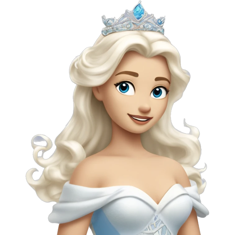 The Swan Princess, a beautiful young woman with platinum blonde hair, ocean-blue eyes, and a swan-inspired dress and tiara, exudes allure as she combs her hair gracefully in the wind,her skin is pale and she is a whole white emoji