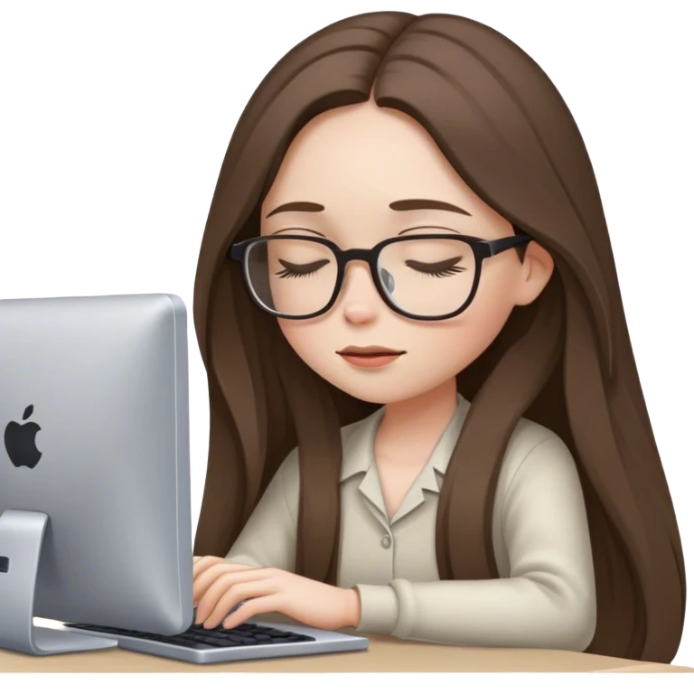 pale brunette girl in glasses with long hair works on computer eyes closed emoji