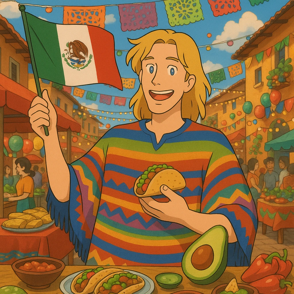 cartoon of a tall blonde American in a colorful poncho, smiling, holding a taco and avocado, waving a Mexico flag, festive street party background with food and decorations emoji
