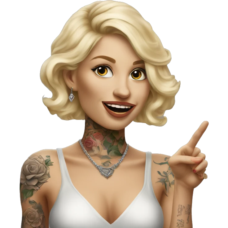 Blonde elegant women, her Body Covered with Tattoos, POINTING to YOU FORWARD with her ONE HAND , Hyper realistic emoji