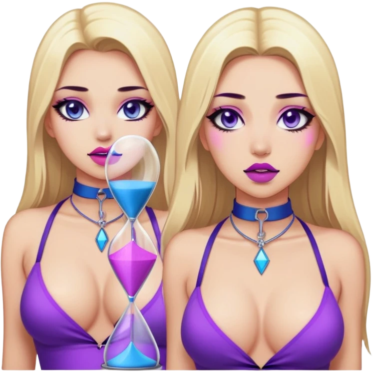 "Sticker with a full-length front view of a girl. Hourglass figure. Long straight blonde hair with blue tips. Light skin, erotic makeup with sharp eyeliner and purple lips, pink choker on the neck. Erotic pose, ahegao facial expression. Realistic style, clean neutral background." emoji