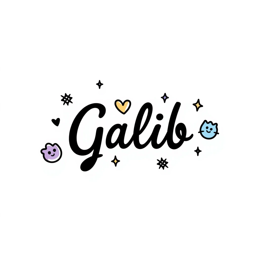 Galib in elegant cursive and bold mix, dreamy purple blue gold gradient, surrounded by sparkles, hearts, stars, and aesthetic emojis, romantic luxurious whimsical nameplate emoji