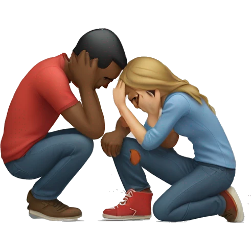 A man kneeling and crying while trying to repair his girlfriend's broken heart. The heart should be depicted as a broken emoji heart, emphasizing the emotional scene. emoji