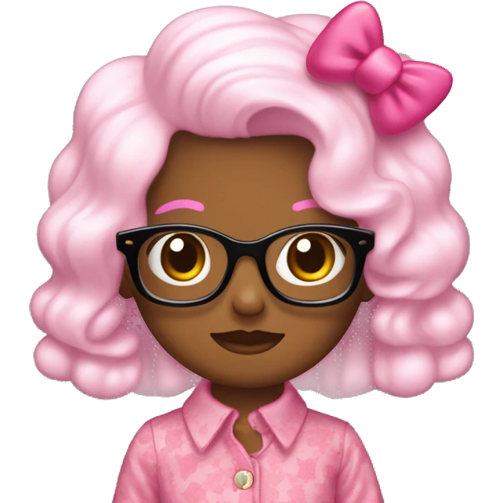 Pelo largo y ondulado,con fleco que tapa as o meno la cara,con lentes rosas y blusa de hello kitty  emoji