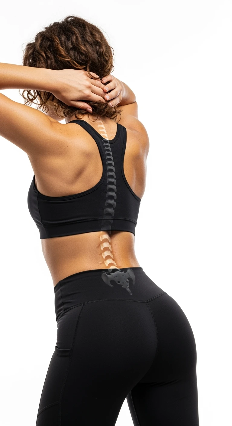 donna fitness di spalle con spina dorsale anatomica realistica in evidenza, sfondo bianco emoji