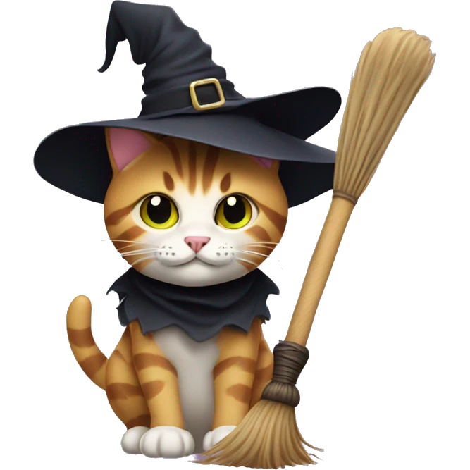 cat with witch hat and a broomstick emoji