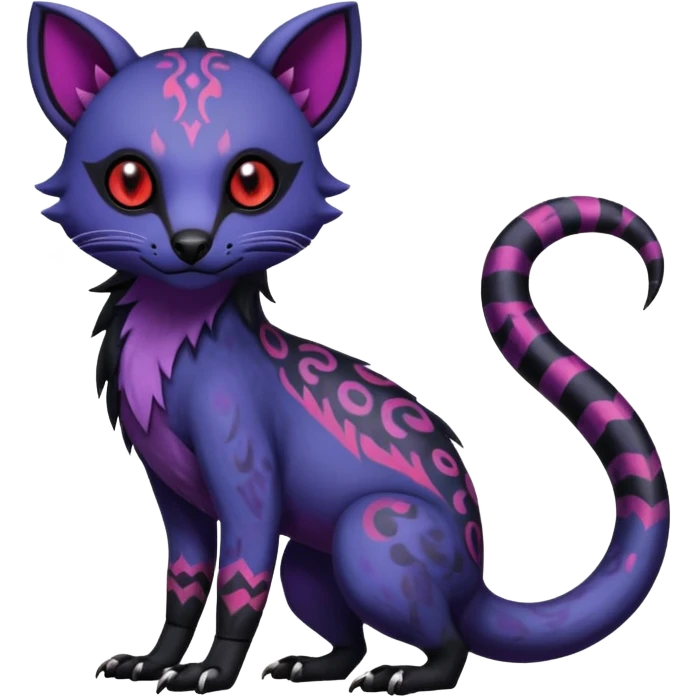 Rare warm-colored exotic gloomy tropical edgy cute epic aesthetic spooky indigo violet white black red gothic colorful Salandit-Noibat-Civet-species-Fakemon-hybrid-creature, with tribal tattoo markings, full body emoji