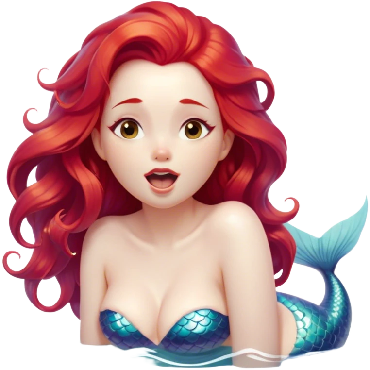Cinematic Realistic Red Hair Mermaid Portrait, head tilted slightly with a dramatic, wide-open yawn, revealing a tender, relaxed visage with delicately detailed porcelain skin and vibrant, cascading red hair softly billowing around her. Her dreamy eyes exude a serene, aquatic charm, rendered with gentle underwater lighting and high shine—capturing the essence of a drowsy yet mesmerizing mermaid drifting into a tranquil slumber beneath the sea. emoji
