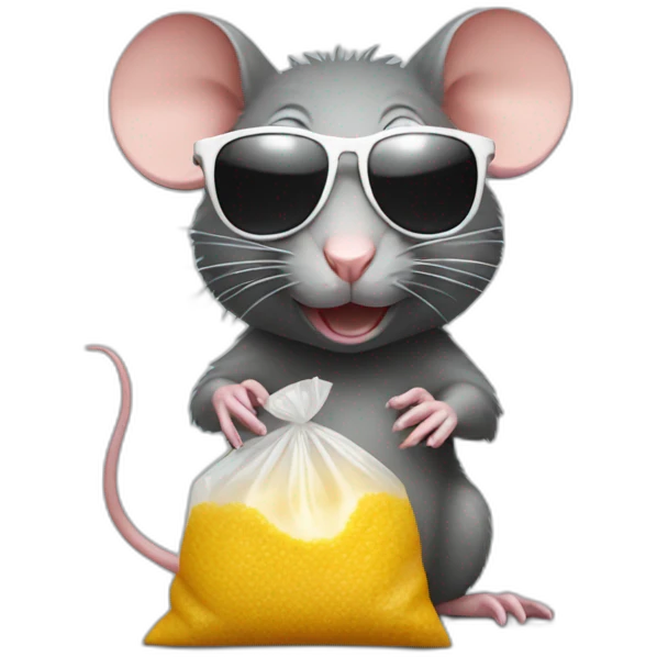 Rat wearing sunglasses with a small plastic bag of sugar emoji