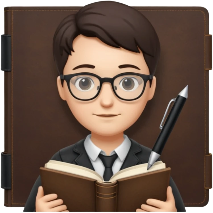 writer holding big pen and book, wearing glasses , zoom out emoji