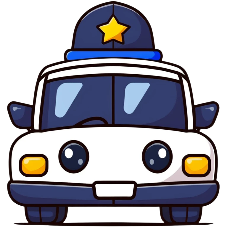 A cartoon police car character with a cute face, flashing lights and a small badge emoji