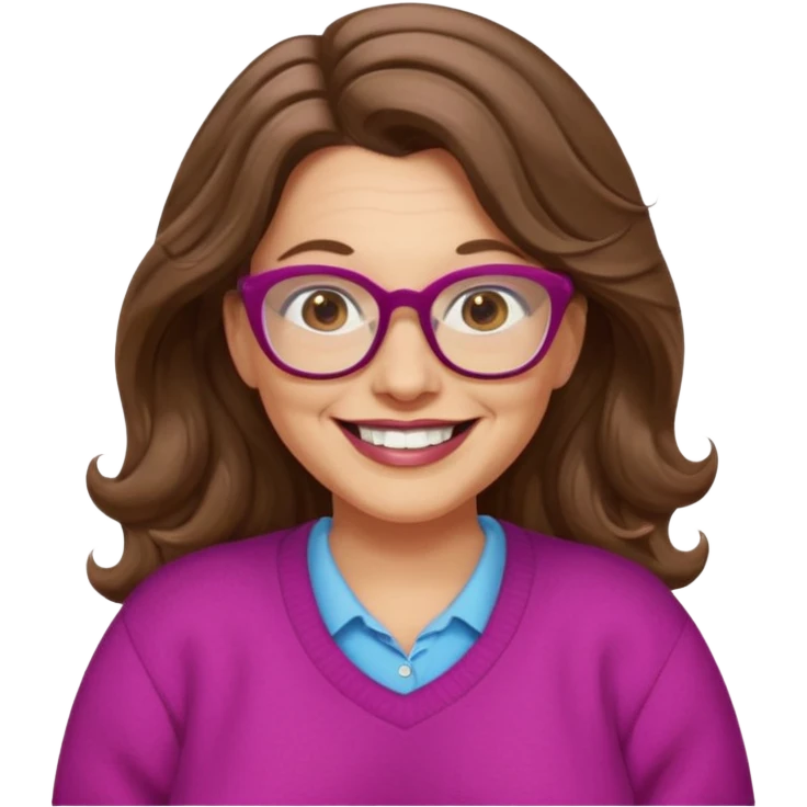 50 yr Caucasian woman, long brown hair parted on side, brown eyes, brown glasses, big smile, white teeth, fuscia sweater, chubby, wavy hair emoji