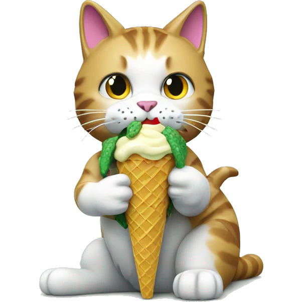 A cat with a crocodile tail making a Lego and eating ice cream emoji
