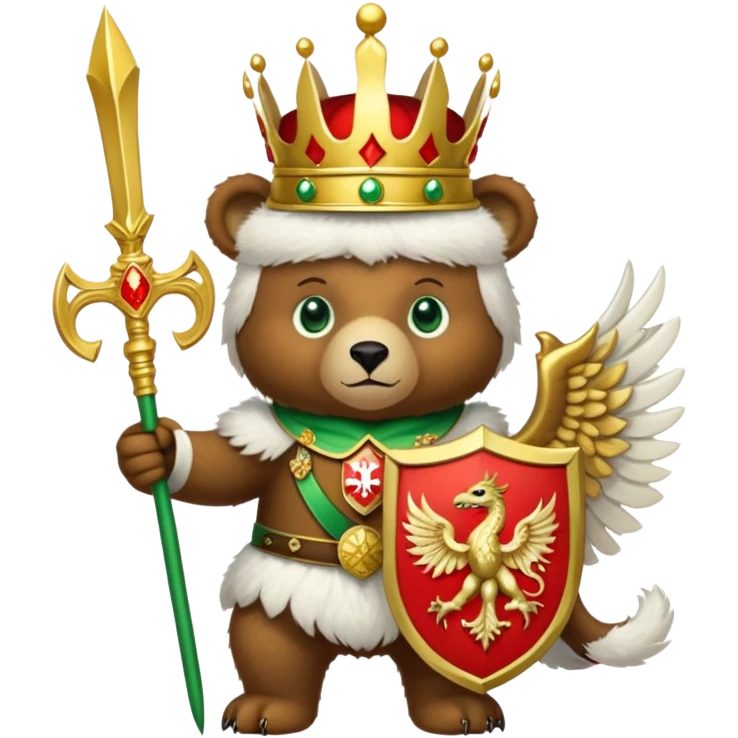 Endearing brown bear with bright green eyes, white fur hat with detailed Russian emblem: golden double-headed eagle with crowns, scepter, orb, and red shield with St. George slaying dragon, iOS emoji style emoji