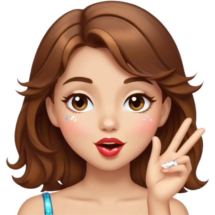 Girl with brown hair blowing a kiss with sparkles and winking emoji