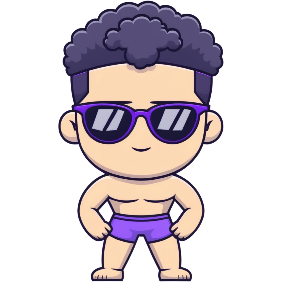 shirtless male athlete with white skin and moderately curly black hair on top with shaved sides, wearing purple sunglasses with black tinted lenses emoji