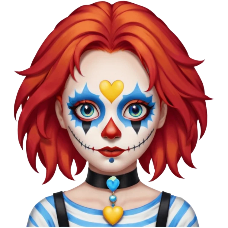 wendy thomas  the clown from gta rp nopixel she has a blue sun covering right eye with three yellow lines below her right eye and above her left eye this is her clown makeup . she has long bright red hair and light blue eyes with ablack heart choker and black bunny ears. with a skeleton shirt emoji