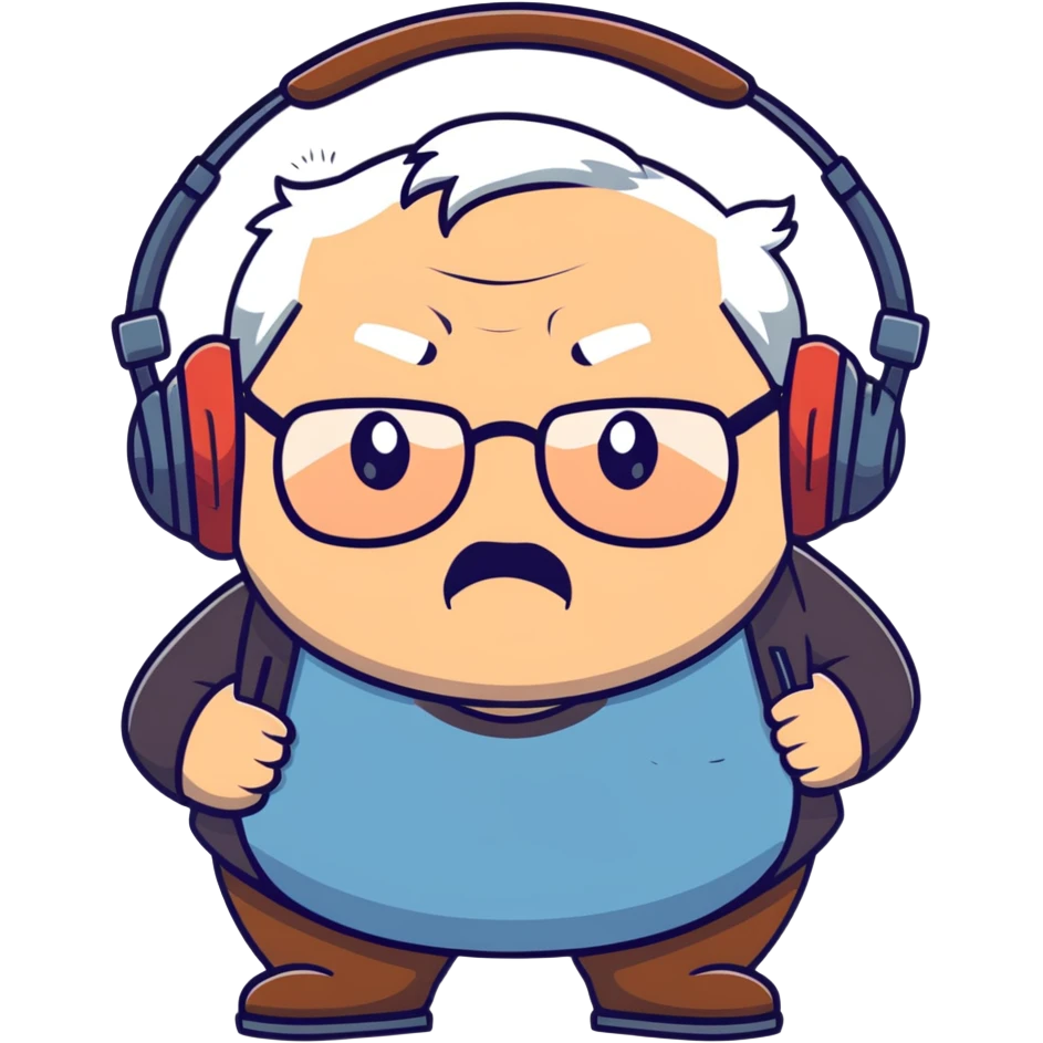 Very chubby brown old man with medium white hair, wearing glasses and headphones, looking surprised and angry, no facial hair, round full cheeks, double chin, looking to the upper left corner emoji