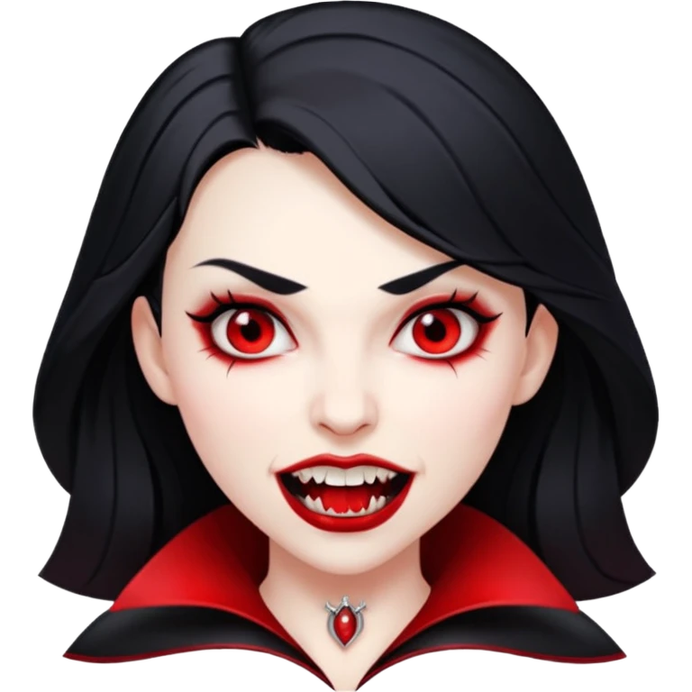 Beautiful vampire woman with back hair and red highlights showing fangs  emoji