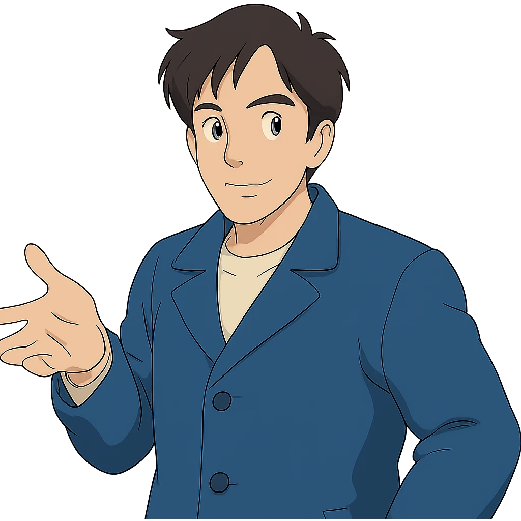 Give the man a different look in Ghibli style, with no background. emoji