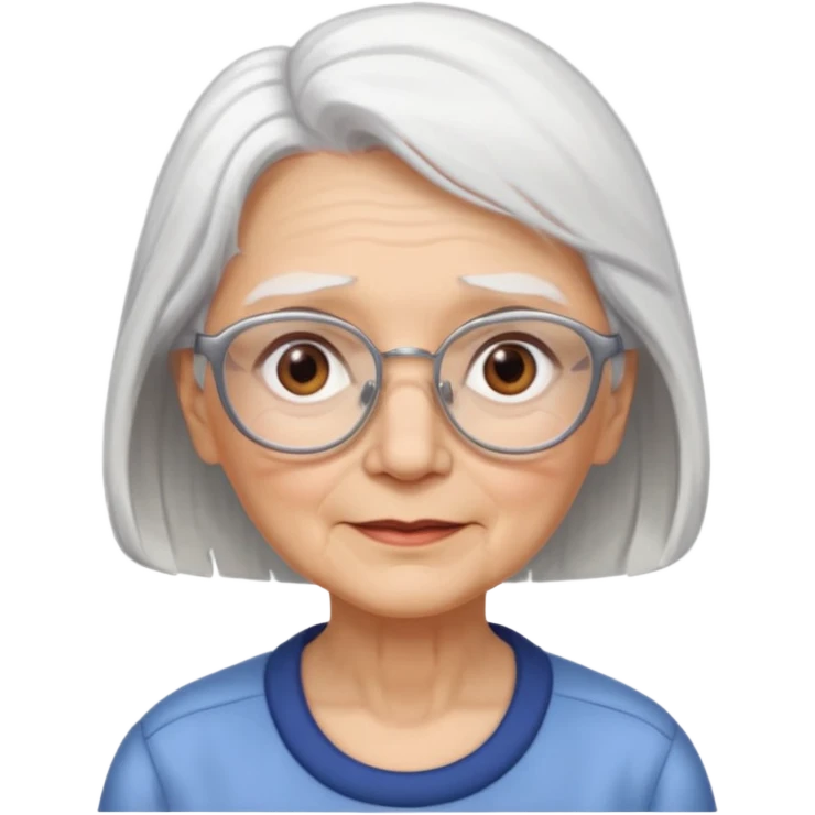 Create me emoji of an old lady. mid-size white hair to left side. Square glasses. Brown eyes. Rounded face emoji