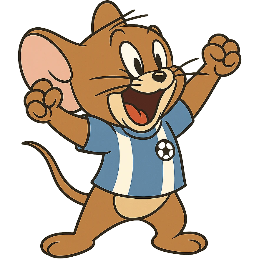 Jerry from Tom & Jerry, wearing a tiny soccer jersey, cheering. emoji