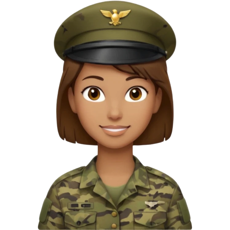 Apple-style emoji: female soldier, bust, no cap/helmet, friendly smile, generic camo top,  emoji