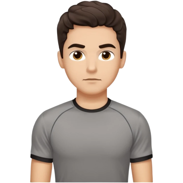 He’s a man with light to medium skin, a defined oval face, full brows, deep-set eyes, and wavy short dark brown tall hair styled with height, sides are trimmed. expression calm and focused relaxed gym training shirt. polished, articulate, and coach vibe. personal development emoji