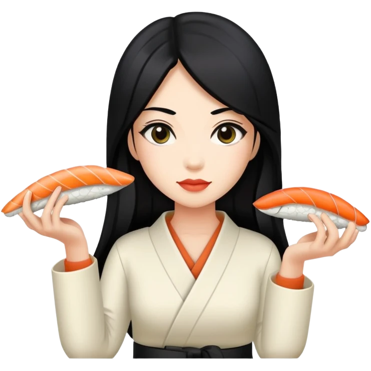 Realistic anatomically correct female body, long black hair, sushi emoji