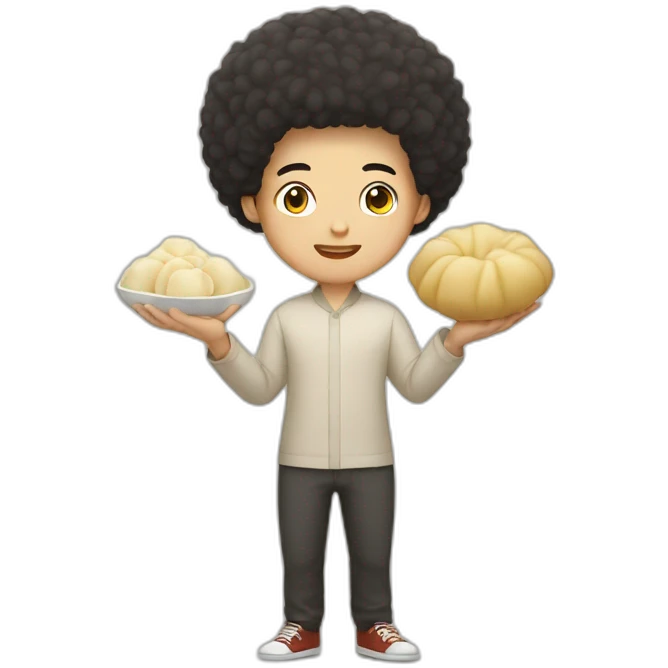 Asian guy with afro haircut with a dumpling in his hand emoji