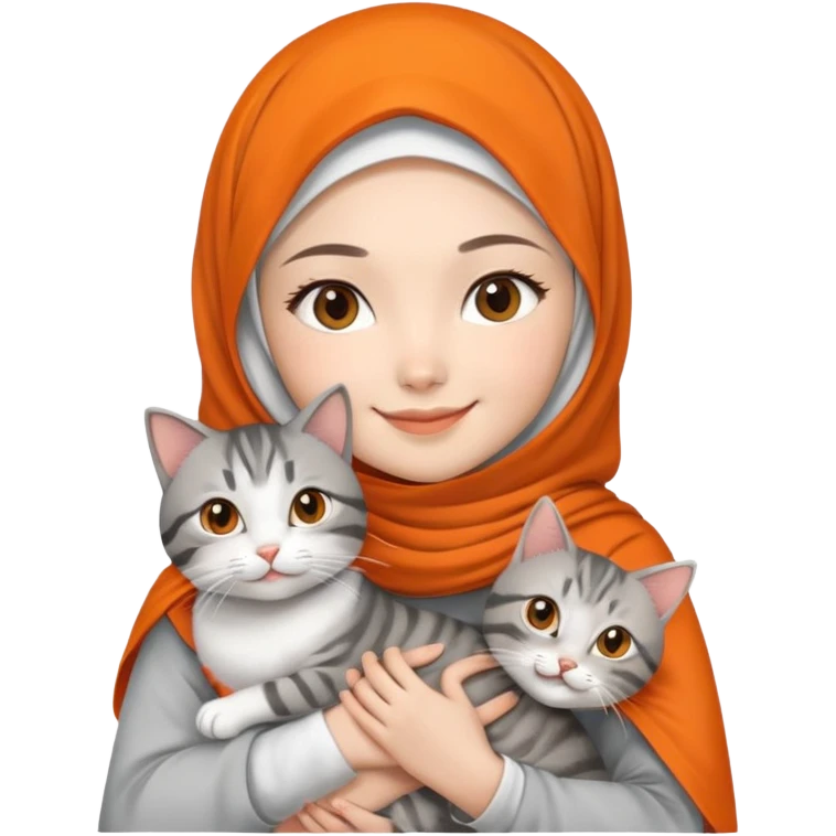 Asian White girl wearing orange hijab and white dress holding a black grey tabby cat while smiling.  emoji