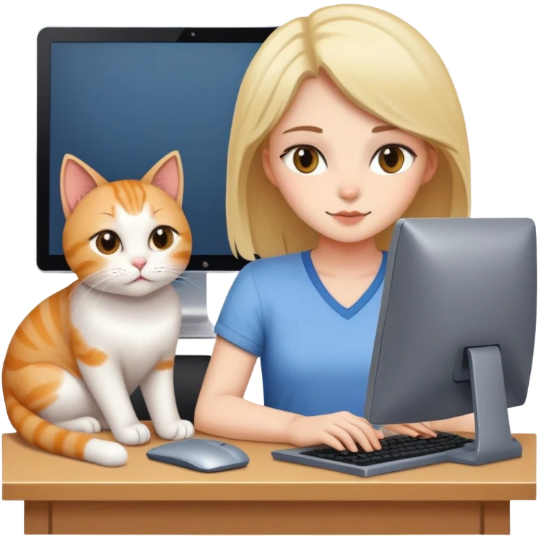 A girl is working in front of a computer, and a cat is lying next to the computer emoji