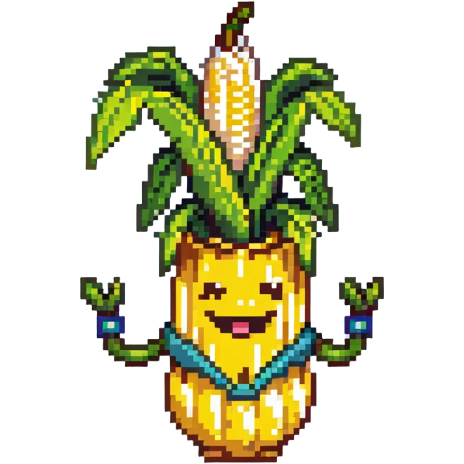 Corny Cob from Shopkins, a cute anthropomorphic ear of corn character with a yellow body, green husk at the top, and a smiling face emoji