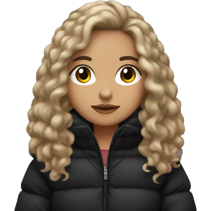 cute, light skin, long haired brunette in an oversized black  puffer coat emoji