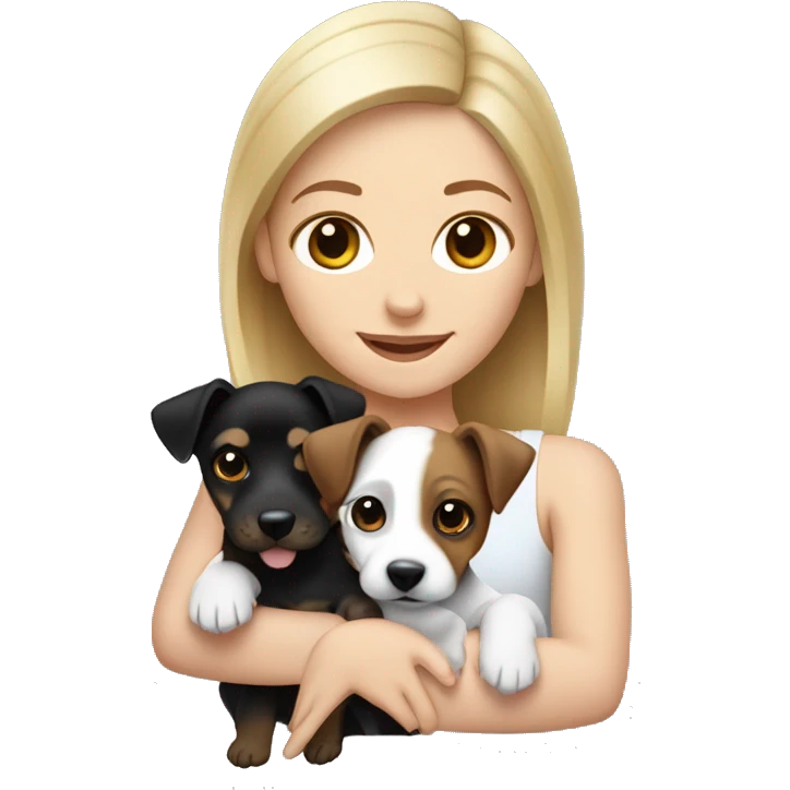 Blonde woman holding a black brown and white jack russell terrier puppy emoji