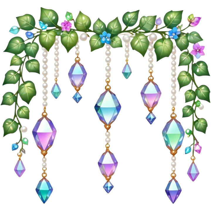 Exotic romantic Few cute tiny Iridescent glistening glossy sparkly shiny glittery hanging crystals pearls and beads and gemstones scenery scenic decorations with ivy and flowers emoji