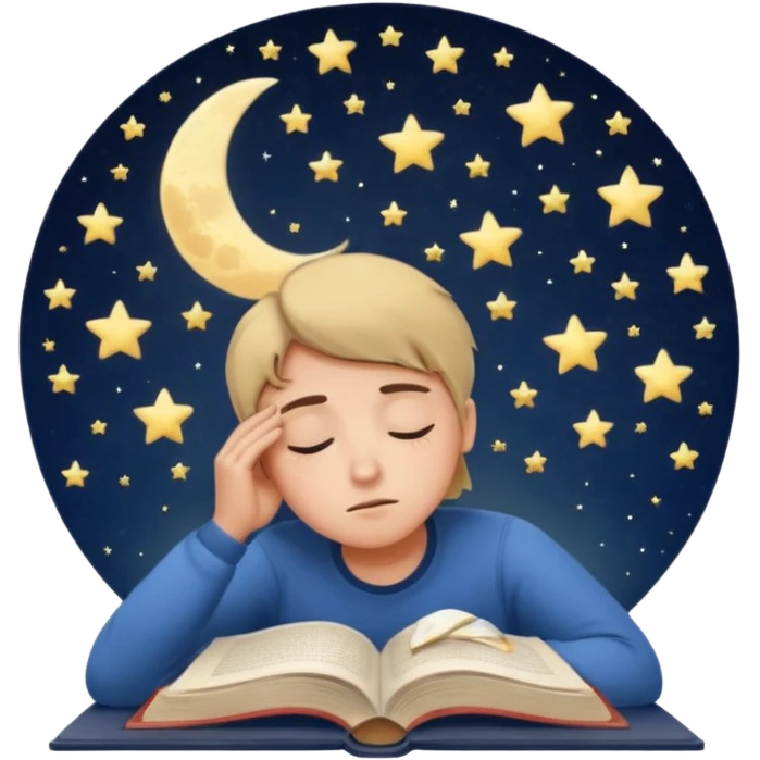 a tired person infront of a book learning with moon and stars behind emoji