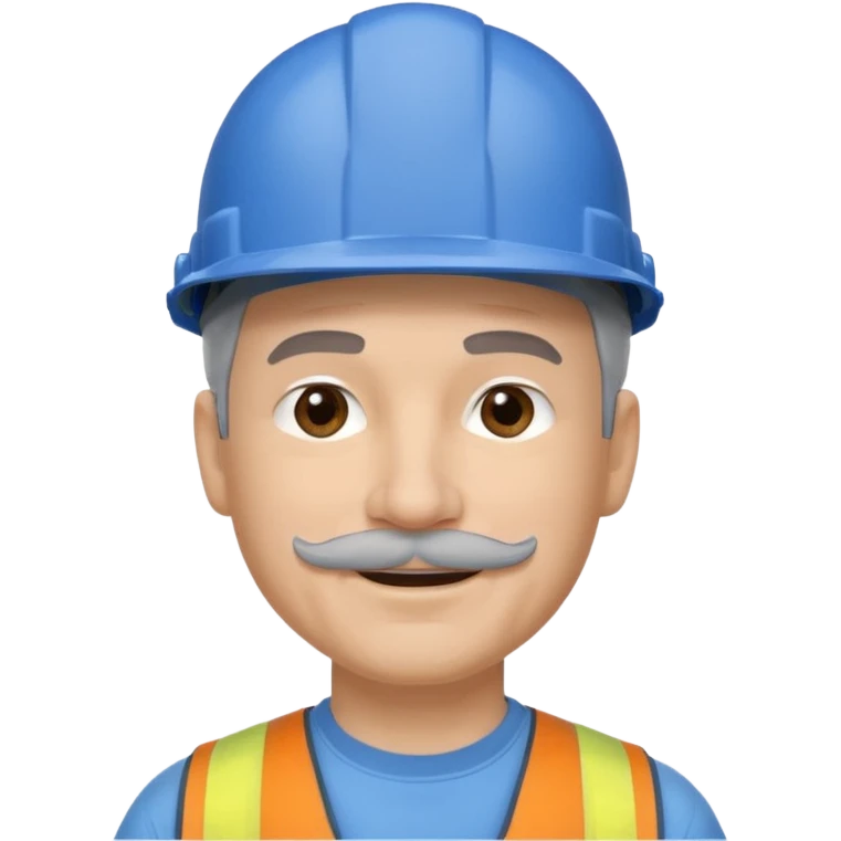A man emoji with light skin, wearing a blue construction helmet, short gray hair on the sides, straight eyebrows, brown eyes, a small nose, and a thin gray mustache above his smiling mouth. emoji