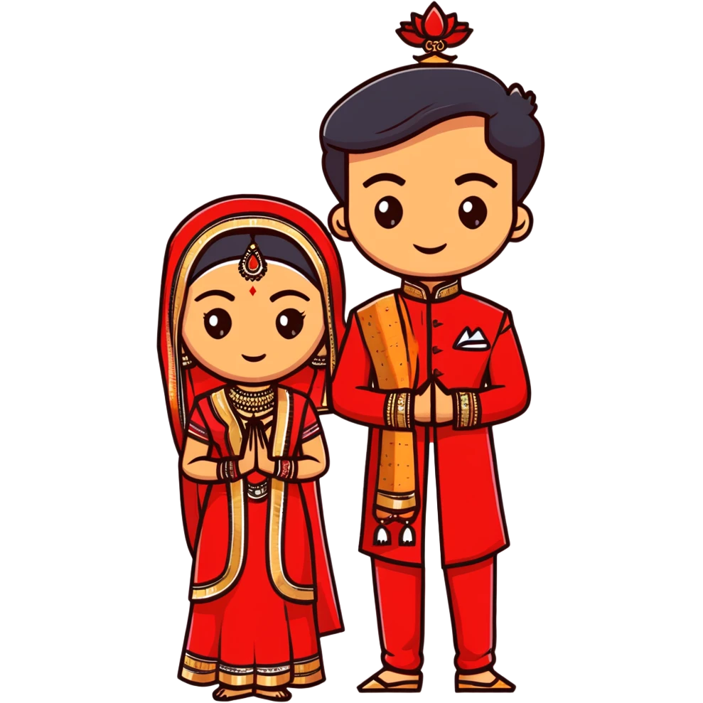 Indian bride and groom on their wedding day, bride in decorative red wedding outfit with gold details, groom in elegant sherwani, both fair-skinned, groom has no facial hair emoji