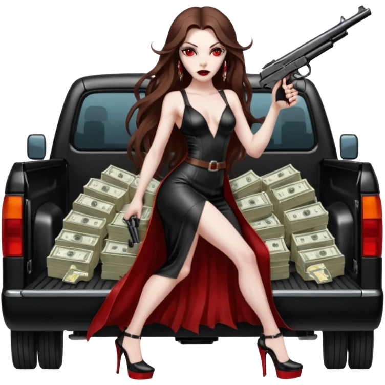 Lilith symbol red eye seductress evil long brown haired sexy succubus woman with leather long dress with slit on, sitting in Big Large F350 pickup truck. Platform long high heels on feet. Back seat full of stacks of cash, she is  Holding a human skull of her enemies and a gun in other hand emoji