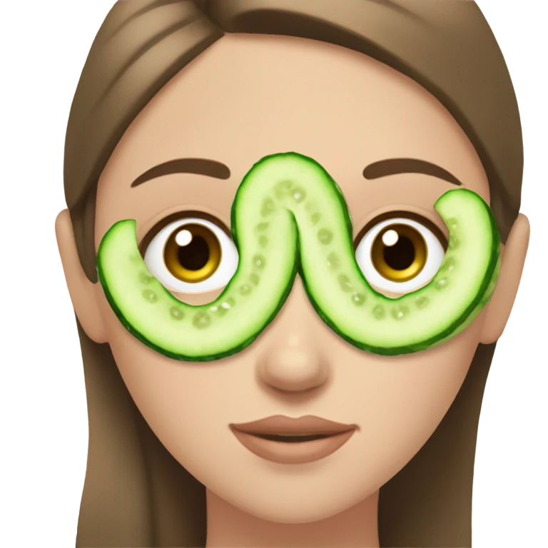 Girl with brown hair freackles white skin tone and blue eyes wears green sheet mask relaxing her eyes closed and two pickple piece over her eyes emoji