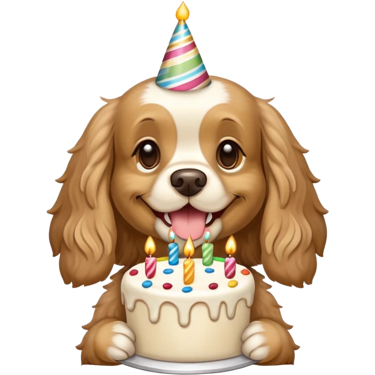 Wheat-colored  cocker spaniel holding a birthday cake emoji