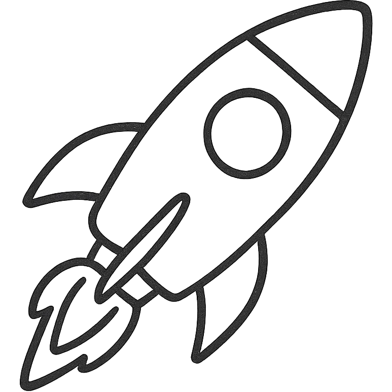 hand-drawn outlined icon of a rocket, black outlines, no fill, no color emoji