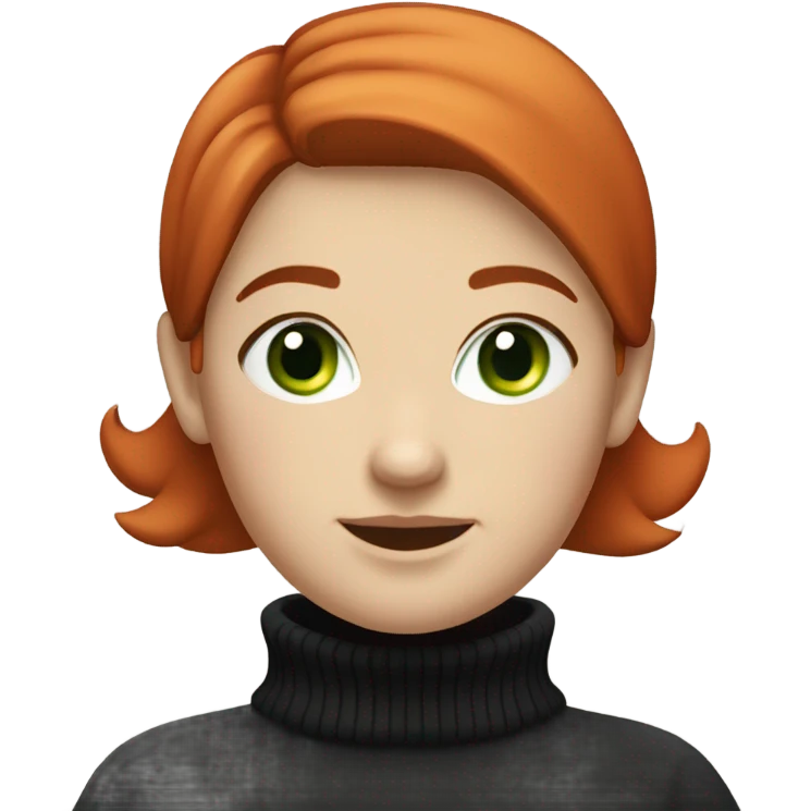 smiling red short haired chubby female with green eyes dressed in white turtleneck and black sweater emoji