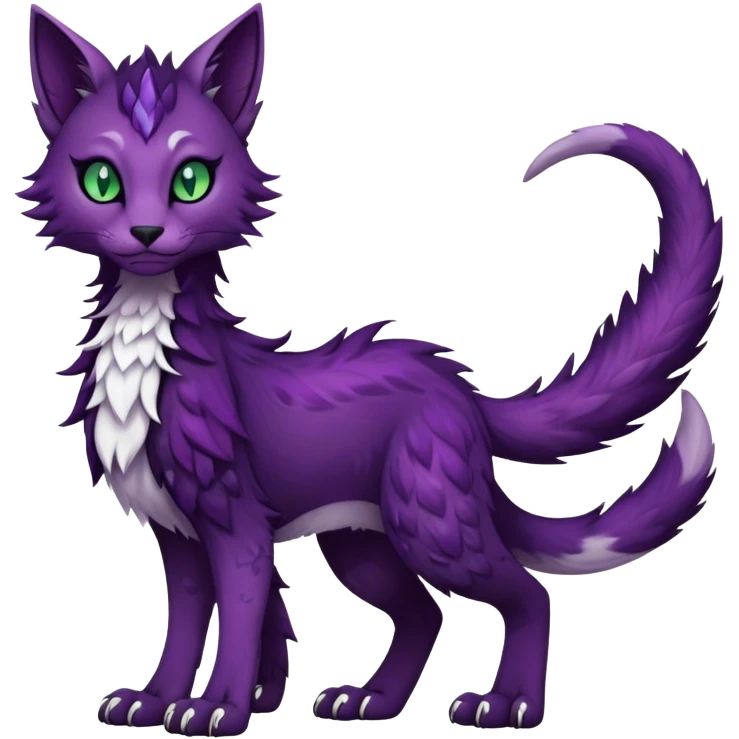 Kawaii dark edgy dark deep purplish with dark green eyes fantasy ethereal feline-vernid-sergal-fursona animal creature with a tufted tail full body with intricate markings  emoji