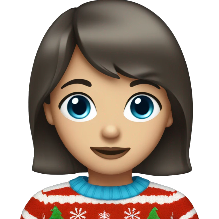 A girl with bangs of dark brown hair and blue eyes in a Christmas sweater emoji