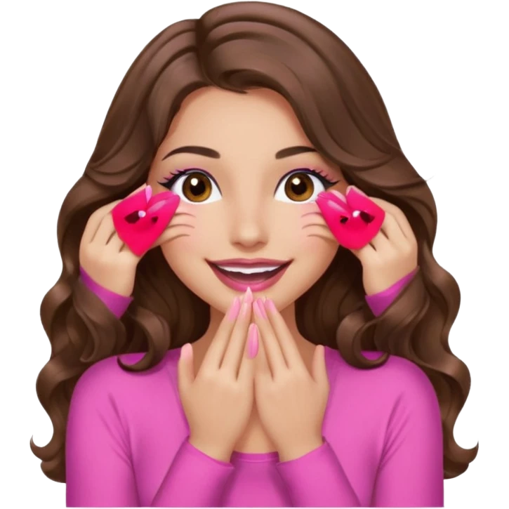 girl with long wavy brown hair, brown eyes, long lashes, sexy pink lips, light to medium complexion, wearing a pink sexy top, smiling, hands covering over the eyes emoji